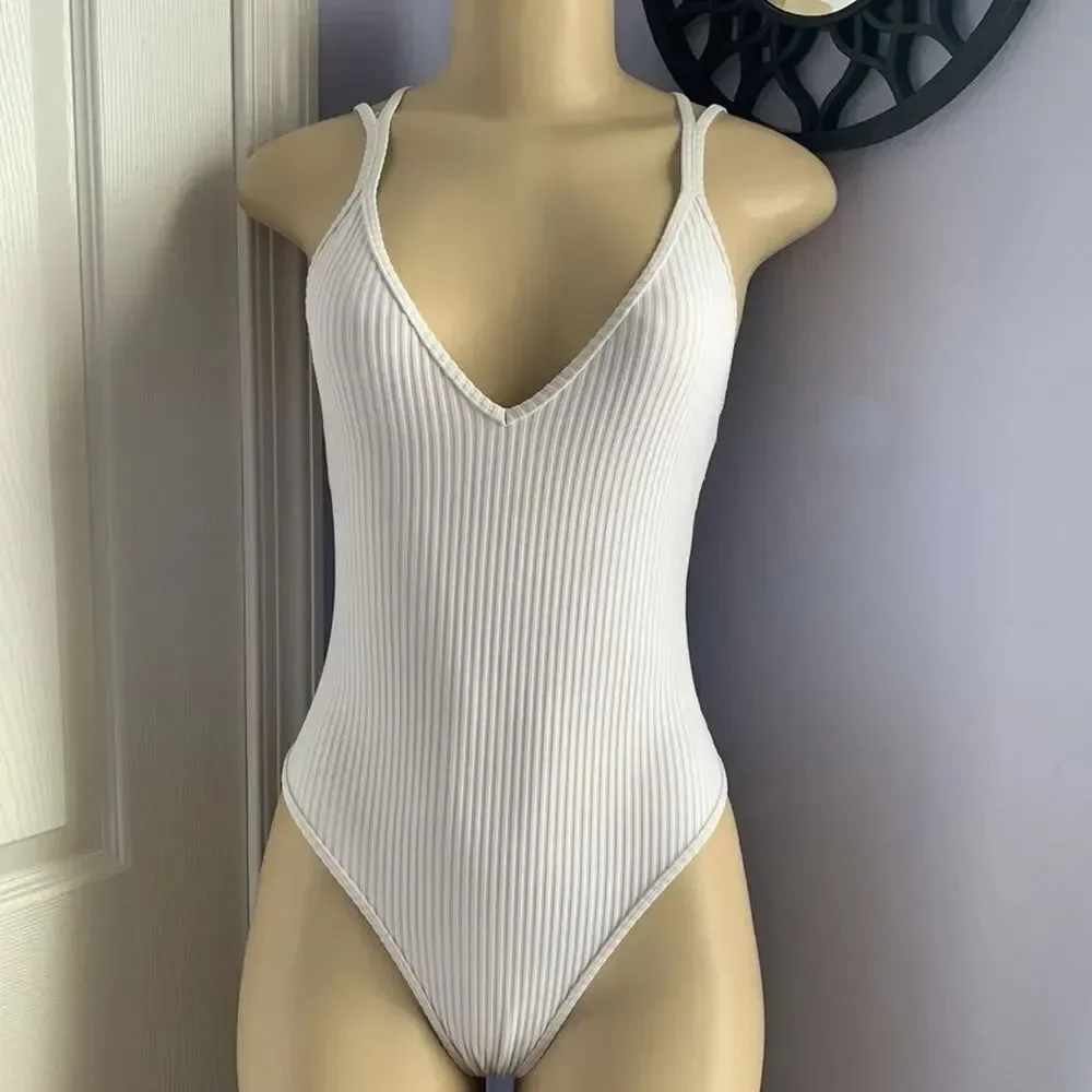 Designer low cut Sexy plunge Ribbed Swimsuit Swimwear White